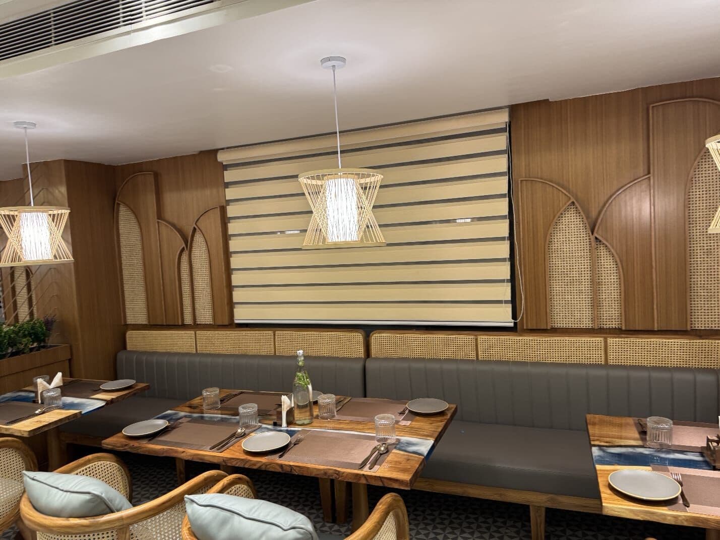 Wide zebra blind for a restaurant