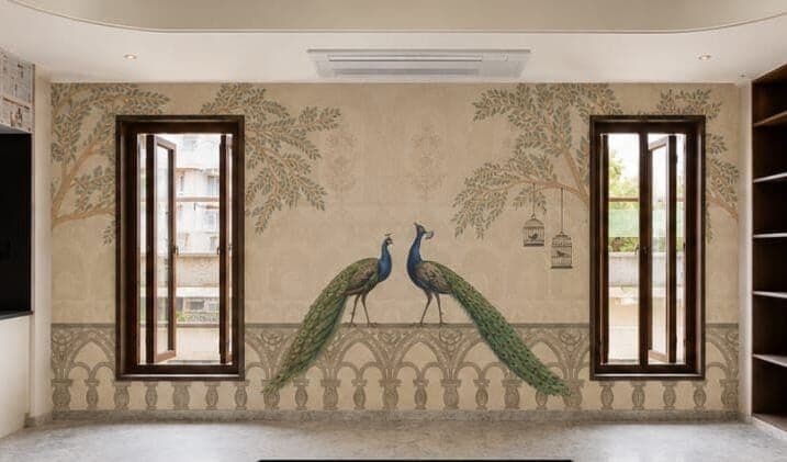 Peacock mural across a hall wall